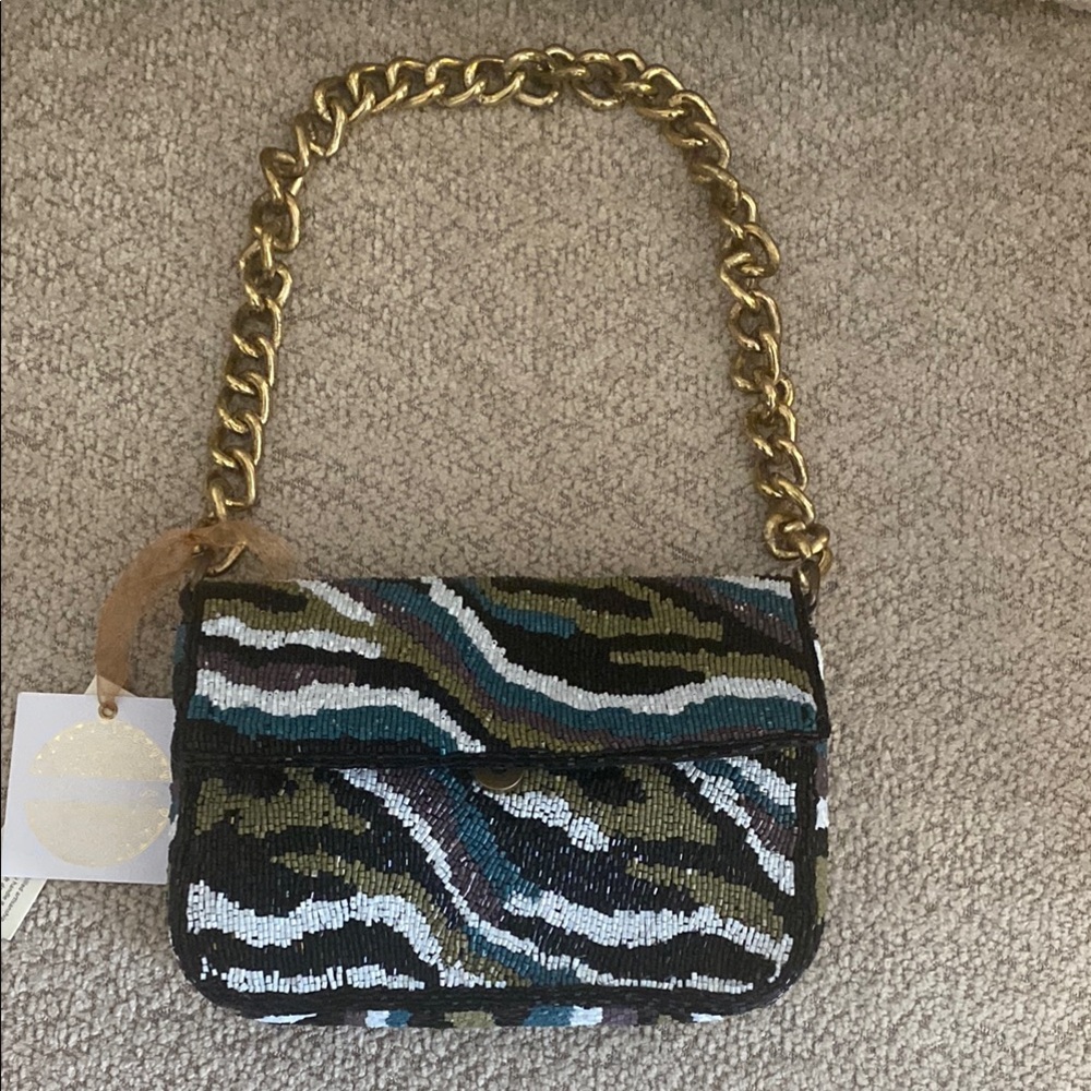 Beaded Mini Shoulder Bag in Green & Teal with Gold Chain